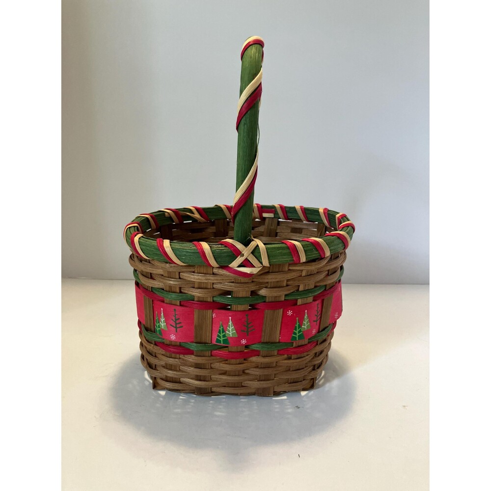 Vintage Woven Christmas Basket: Red Green Trees, Rustic Cottage Decor
